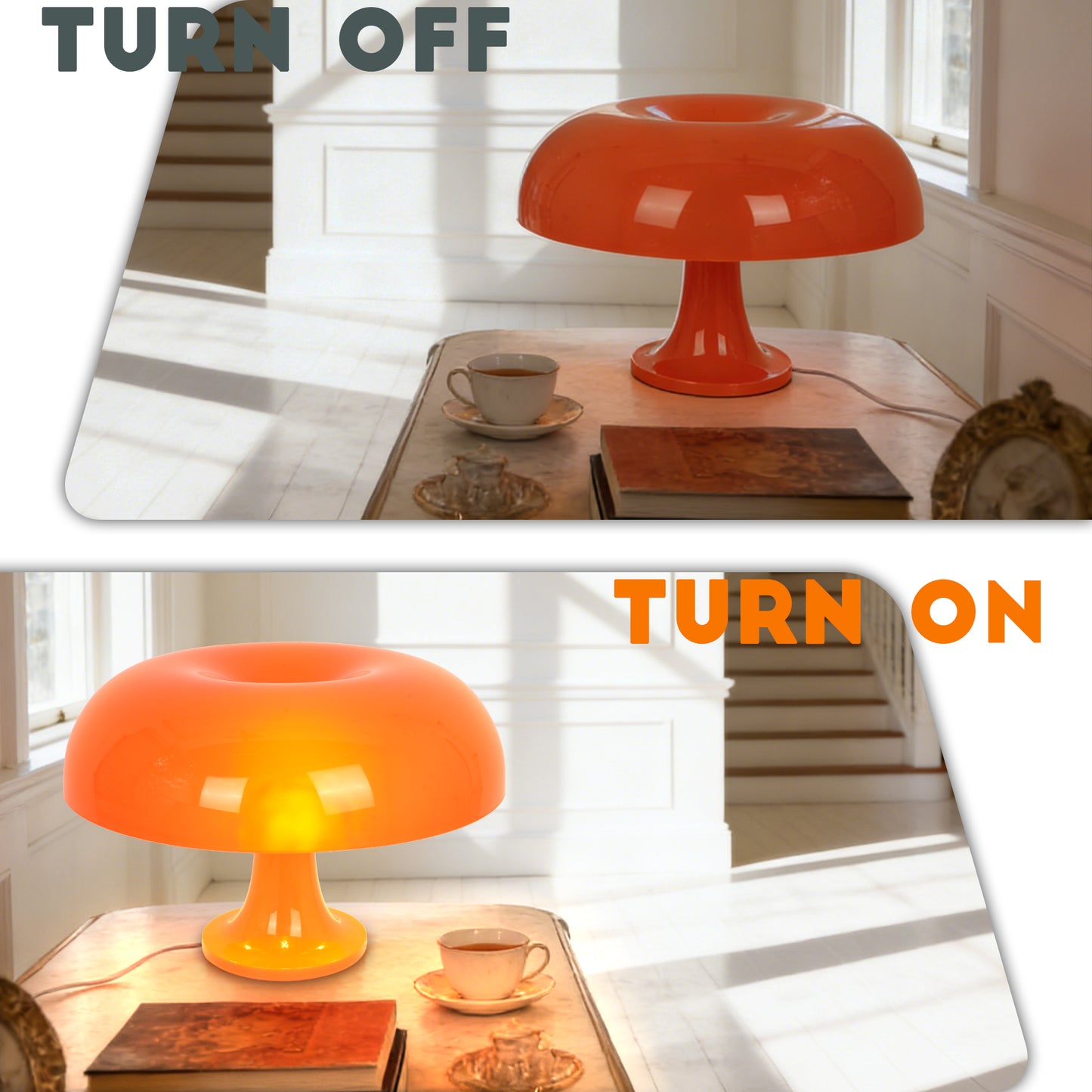 Mid-Century Modern Orange Mushroom Table Lamp - 3-Color Dimmable LED Accent Lamp, Retro Donut Shape Night Light(E14 Base, 3-Color Light Source Included)