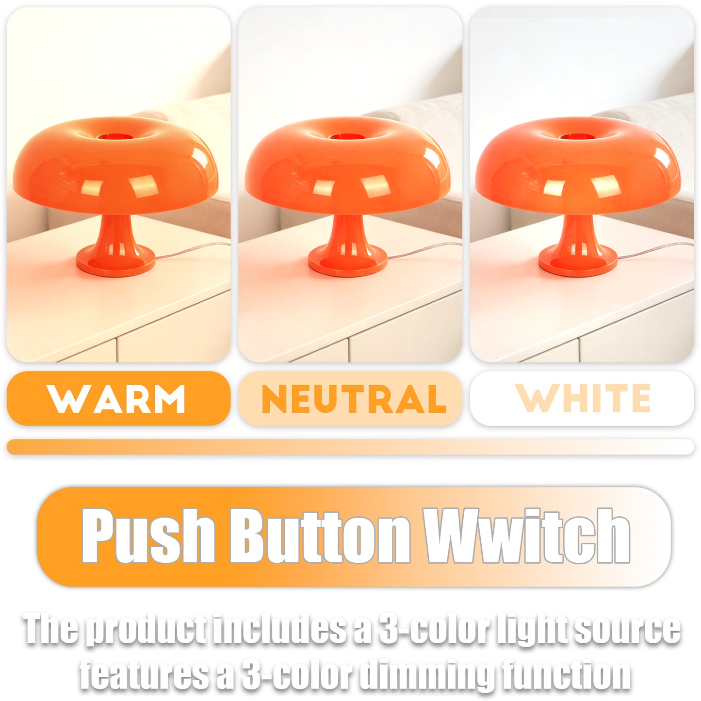 Mid-Century Modern Orange Mushroom Table Lamp - 3-Color Dimmable LED Accent Lamp, Retro Donut Shape Night Light(E14 Base, 3-Color Light Source Included)