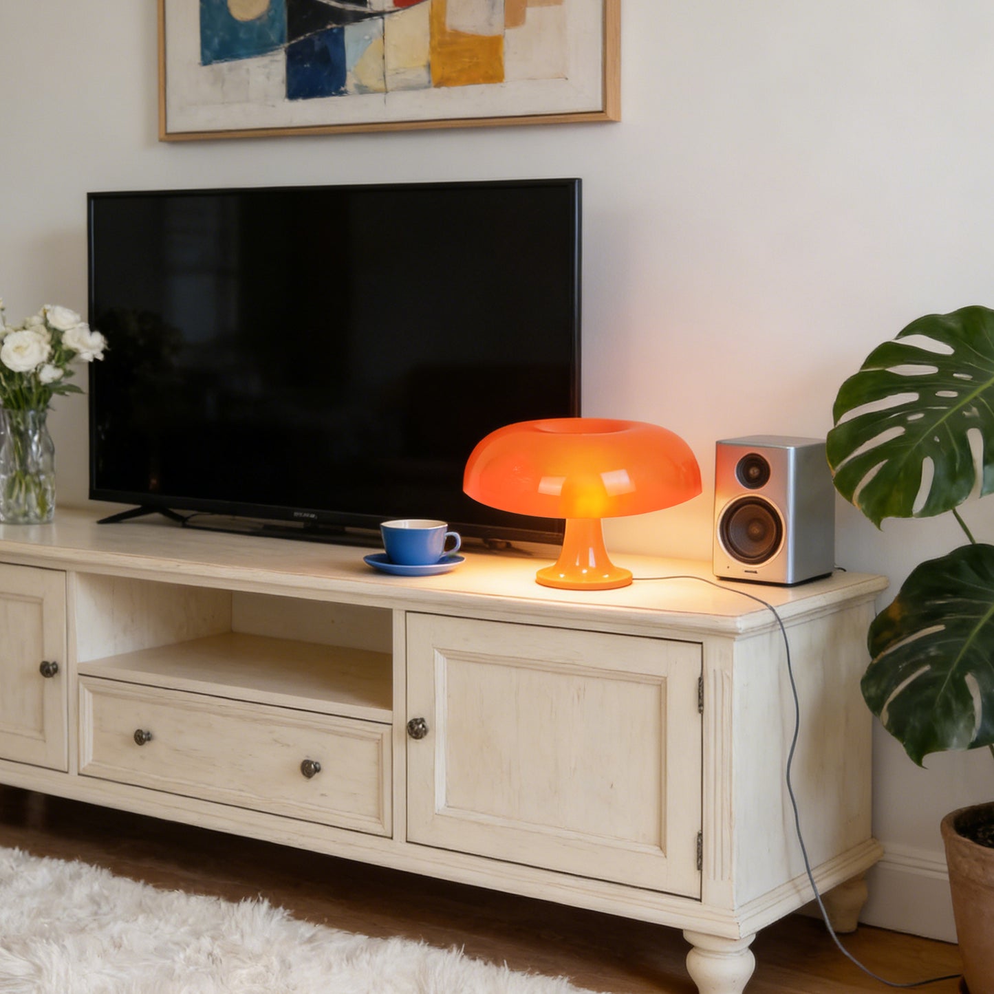 Mid-Century Modern Orange Mushroom Table Lamp - 3-Color Dimmable LED Accent Lamp, Retro Donut Shape Night Light(E14 Base, 3-Color Light Source Included)