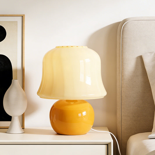 Retro Yellow Mushroom Glass Table Lamp - 3-Color Dimmable E26 LED Accent Lamp, Vintage Bell-Shaped Shade Night Light(110V, 3-Color Light Source Included)