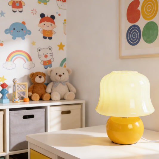 Retro Yellow Mushroom Glass Table Lamp - 3-Color Dimmable E26 LED Accent Lamp, Vintage Bell-Shaped Shade Night Light(110V, 3-Color Light Source Included)