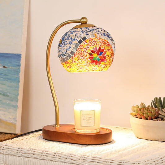 Turkish Mosaic Candle Warmer Lamp - Handmade Stained Glass Dimmable Accent Lamp, Brass Arm & Solid Wood Base, No-Flame Candle Heater