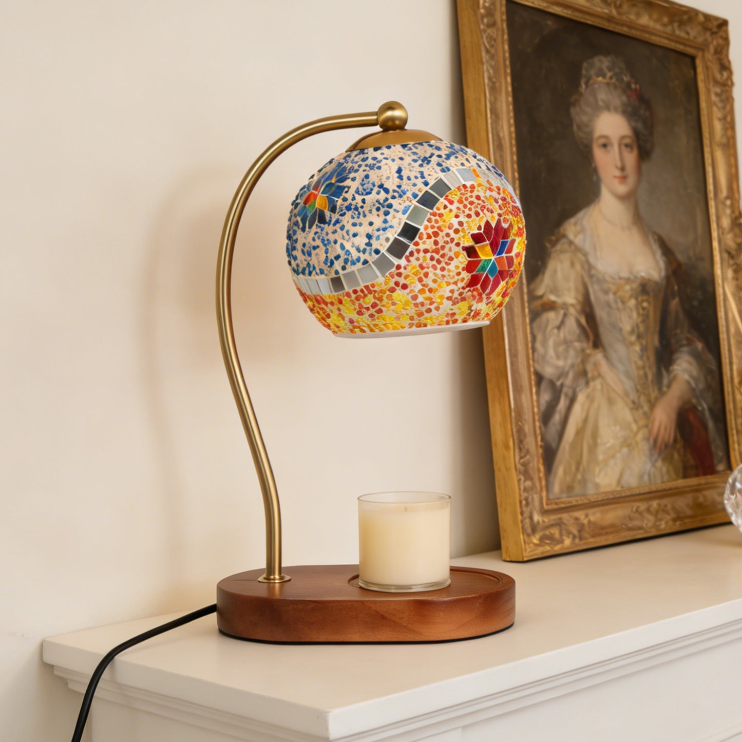 Turkish Mosaic Candle Warmer Lamp - Handmade Stained Glass Dimmable Accent Lamp, Brass Arm & Solid Wood Base, No-Flame Candle Heater
