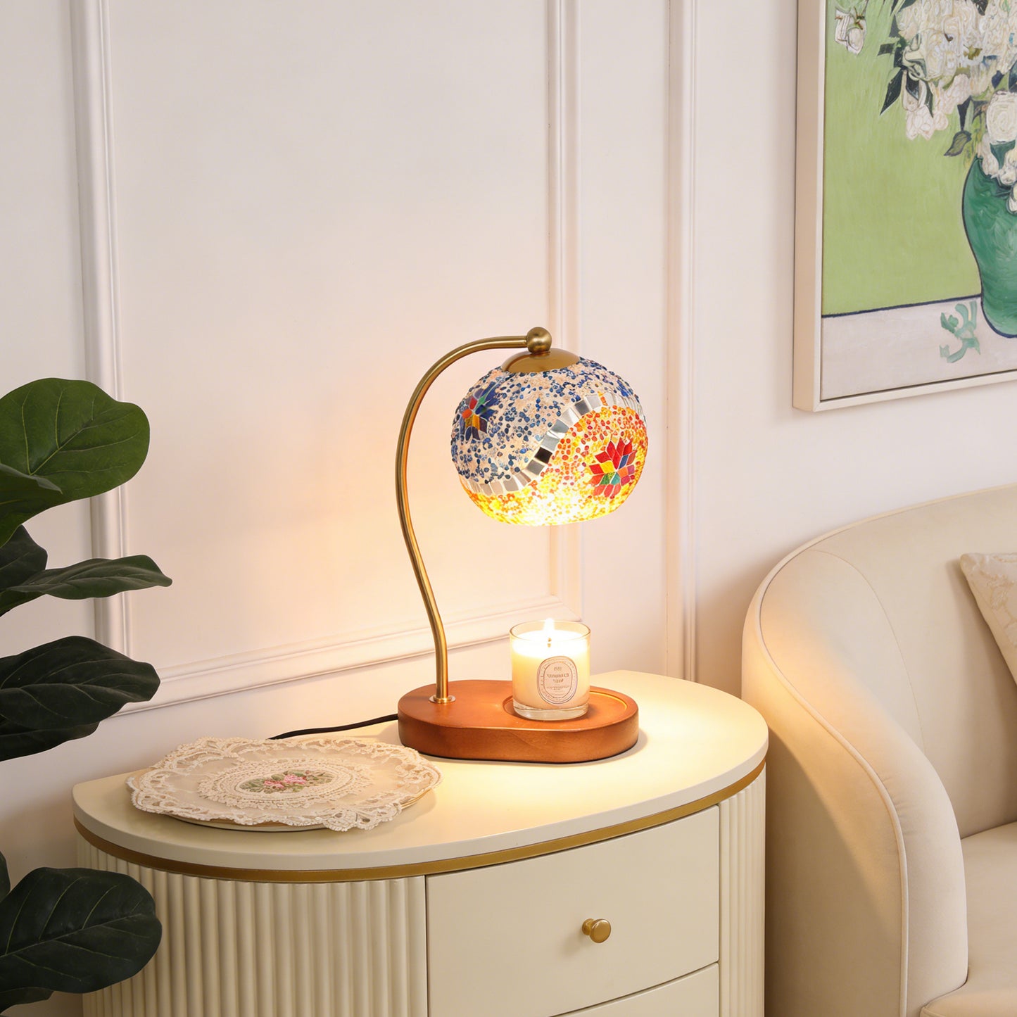 Turkish Mosaic Candle Warmer Lamp - Handmade Stained Glass Dimmable Accent Lamp, Brass Arm & Solid Wood Base, No-Flame Candle Heater