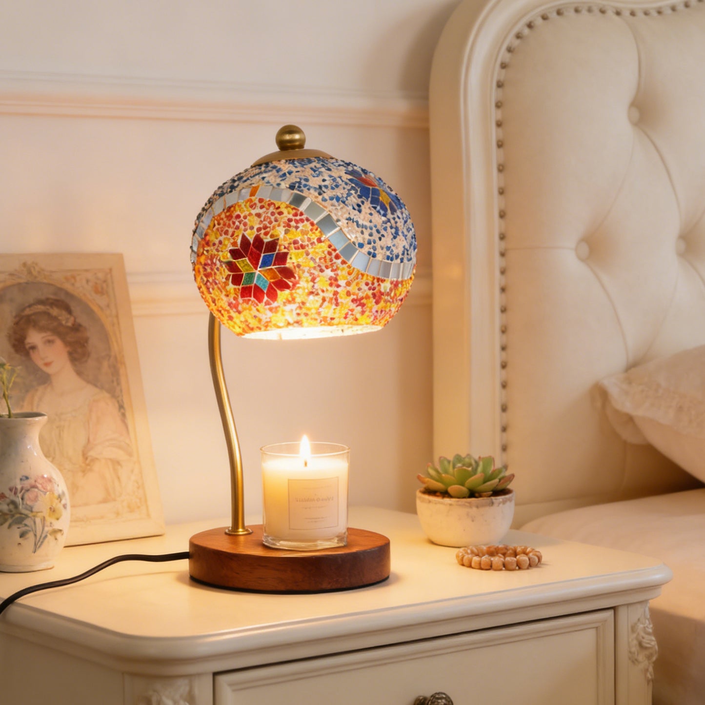 Turkish Mosaic Candle Warmer Lamp - Handmade Stained Glass Dimmable Accent Lamp, Brass Arm & Solid Wood Base, No-Flame Candle Heater