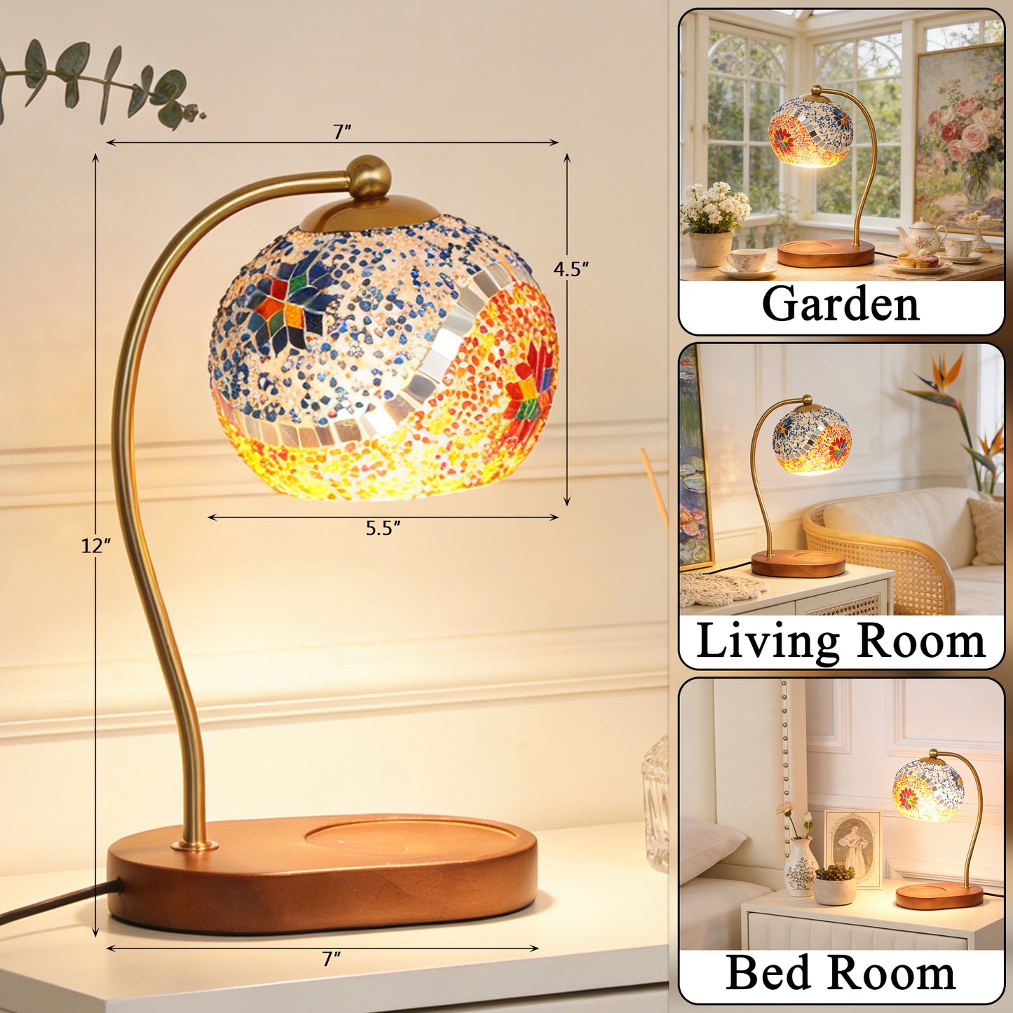 Turkish Mosaic Candle Warmer Lamp - Handmade Stained Glass Dimmable Accent Lamp, Brass Arm & Solid Wood Base, No-Flame Candle Heater