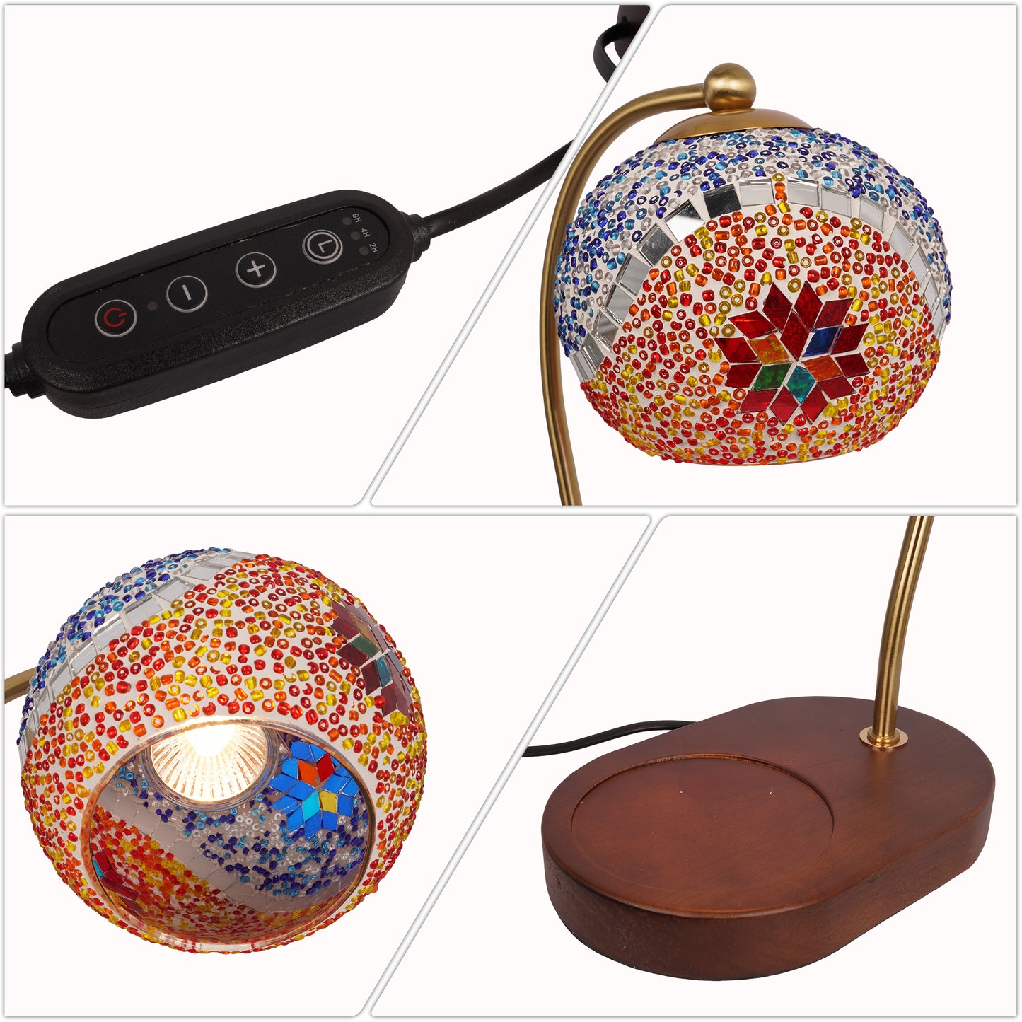 Turkish Mosaic Candle Warmer Lamp - Handmade Stained Glass Dimmable Accent Lamp, Brass Arm & Solid Wood Base, No-Flame Candle Heater