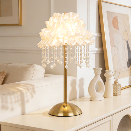 French Vintage Ruffle Pearl Tassel Table Lamp - 3-Color Dimmable LED Accent Lamp, Brass Base Cream Style Decor