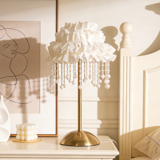 French Vintage Ruffle Pearl Tassel Table Lamp - 3-Color Dimmable LED Accent Lamp, Brass Base Cream Style Decor