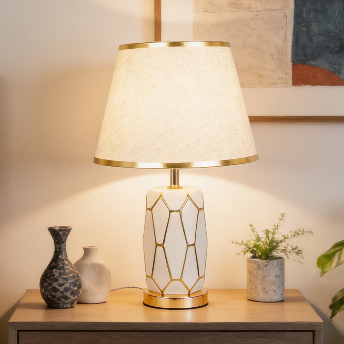 Modern White Ceramic Table Lamp - 3-Color Dimmable LED Accent Lamp with Gold Geometric Pattern, Linen Shade with Gold Trim