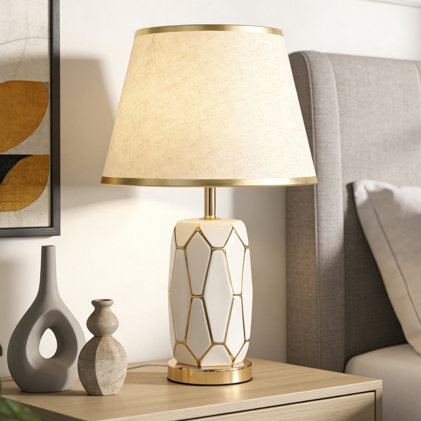 Modern White Ceramic Table Lamp - 3-Color Dimmable LED Accent Lamp with Gold Geometric Pattern, Linen Shade with Gold Trim