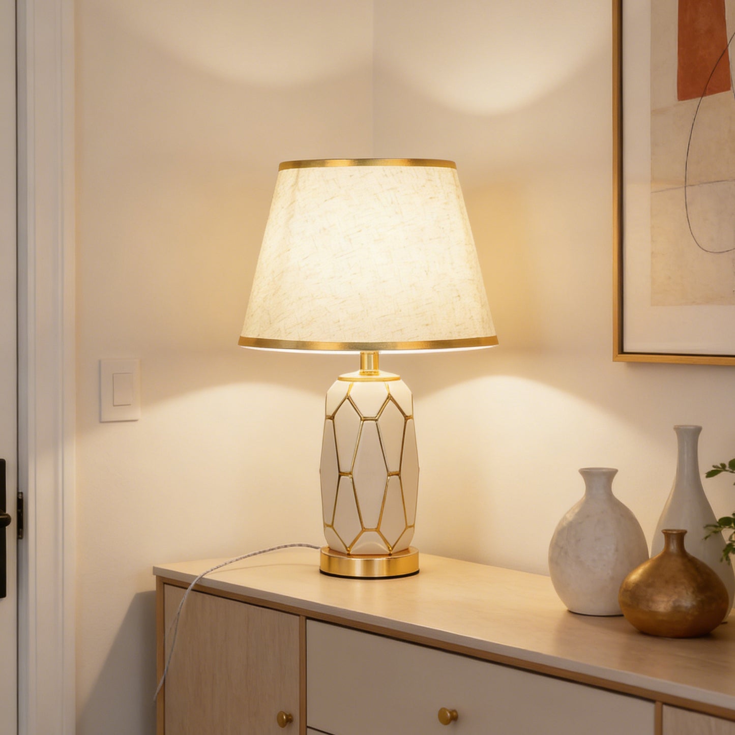 Modern White Ceramic Table Lamp - 3-Color Dimmable LED Accent Lamp with Gold Geometric Pattern, Linen Shade with Gold Trim