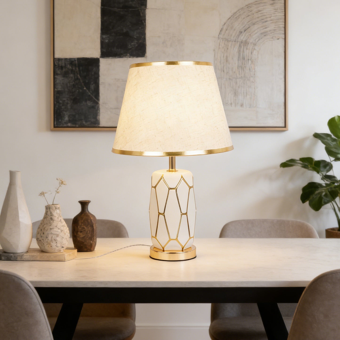 Modern White Ceramic Table Lamp - 3-Color Dimmable LED Accent Lamp with Gold Geometric Pattern, Linen Shade with Gold Trim