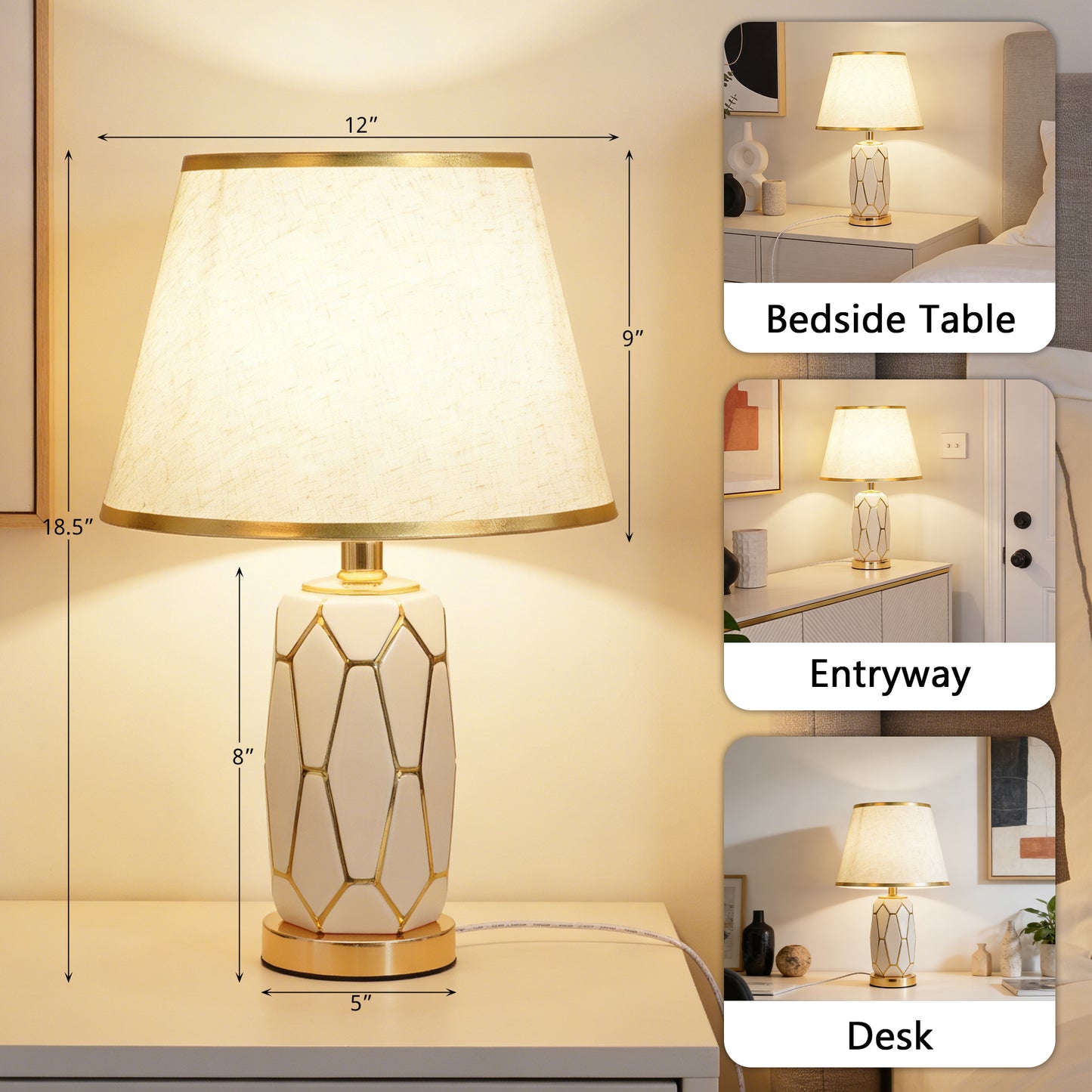 Modern White Ceramic Table Lamp - 3-Color Dimmable LED Accent Lamp with Gold Geometric Pattern, Linen Shade with Gold Trim