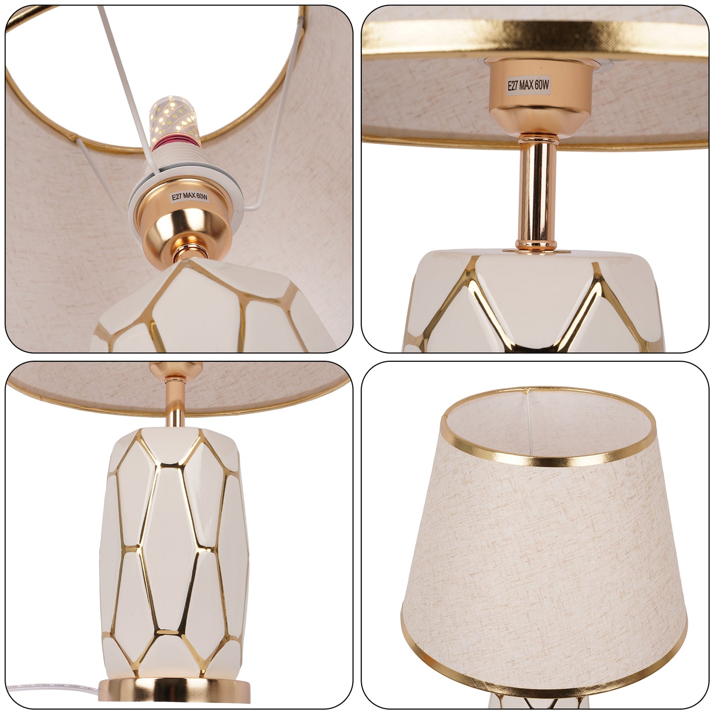 Modern White Ceramic Table Lamp - 3-Color Dimmable LED Accent Lamp with Gold Geometric Pattern, Linen Shade with Gold Trim
