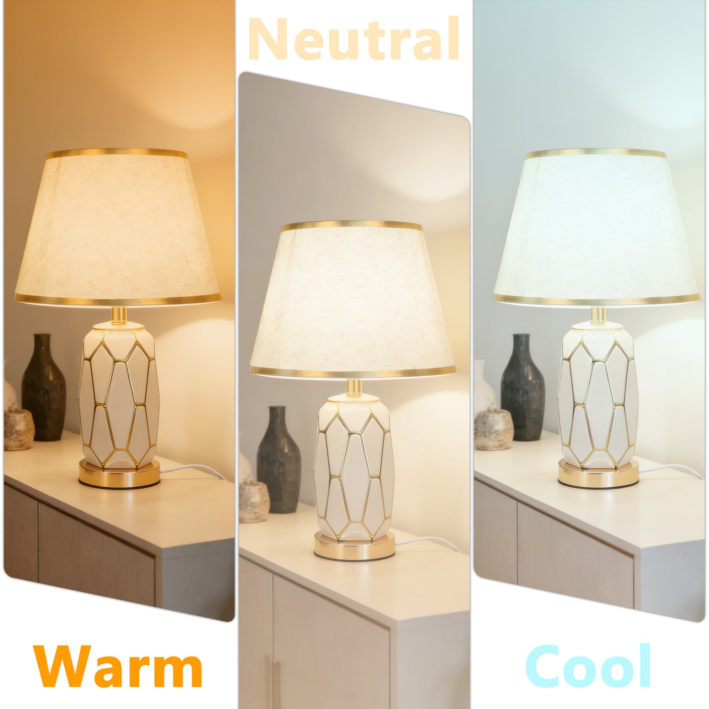 Modern White Ceramic Table Lamp - 3-Color Dimmable LED Accent Lamp with Gold Geometric Pattern, Linen Shade with Gold Trim