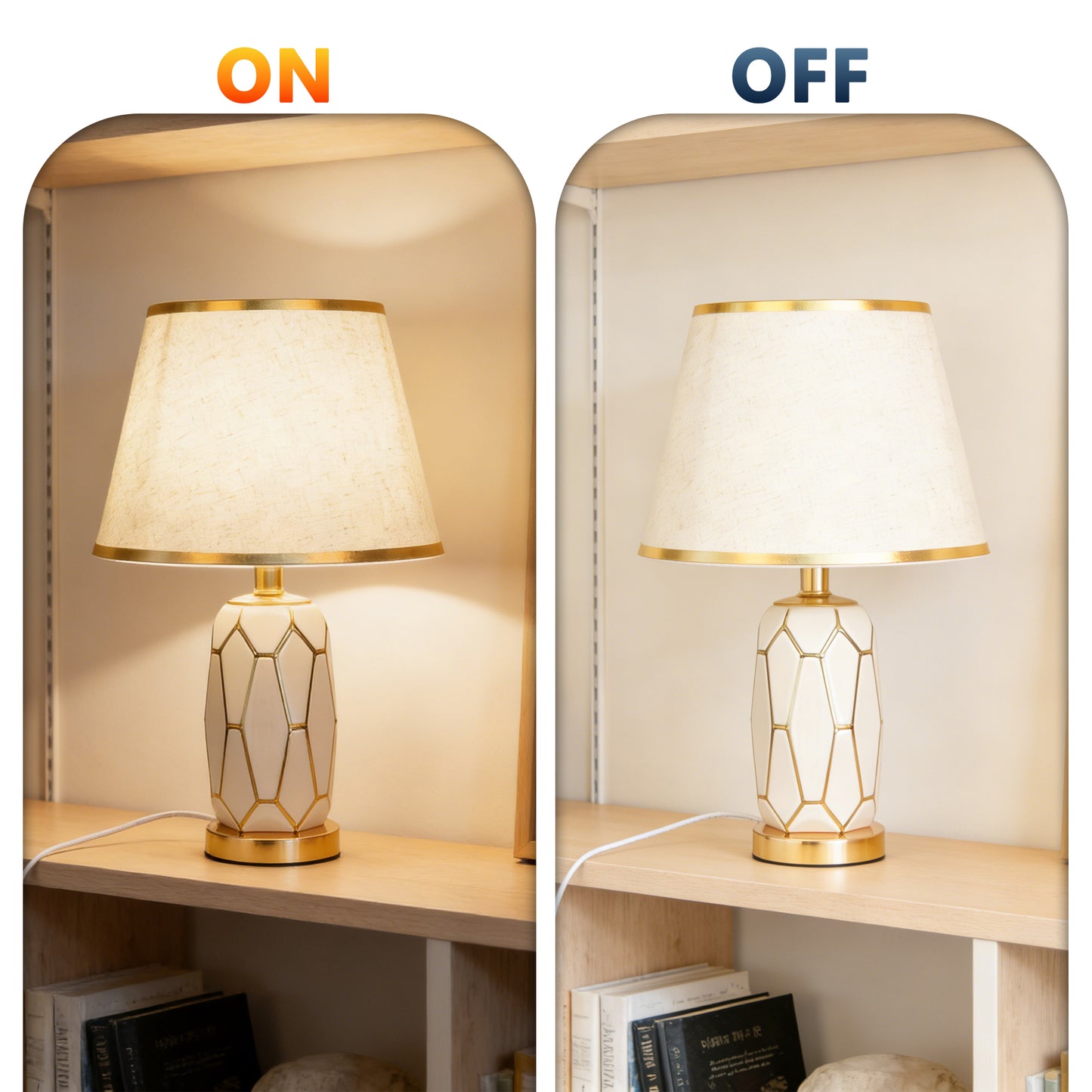 Modern White Ceramic Table Lamp - 3-Color Dimmable LED Accent Lamp with Gold Geometric Pattern, Linen Shade with Gold Trim