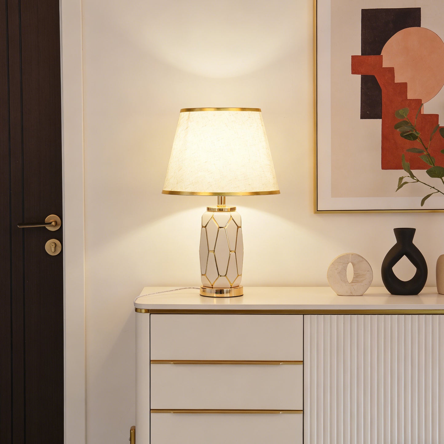 Modern White Ceramic Table Lamp - 3-Color Dimmable LED Accent Lamp with Gold Geometric Pattern, Linen Shade with Gold Trim