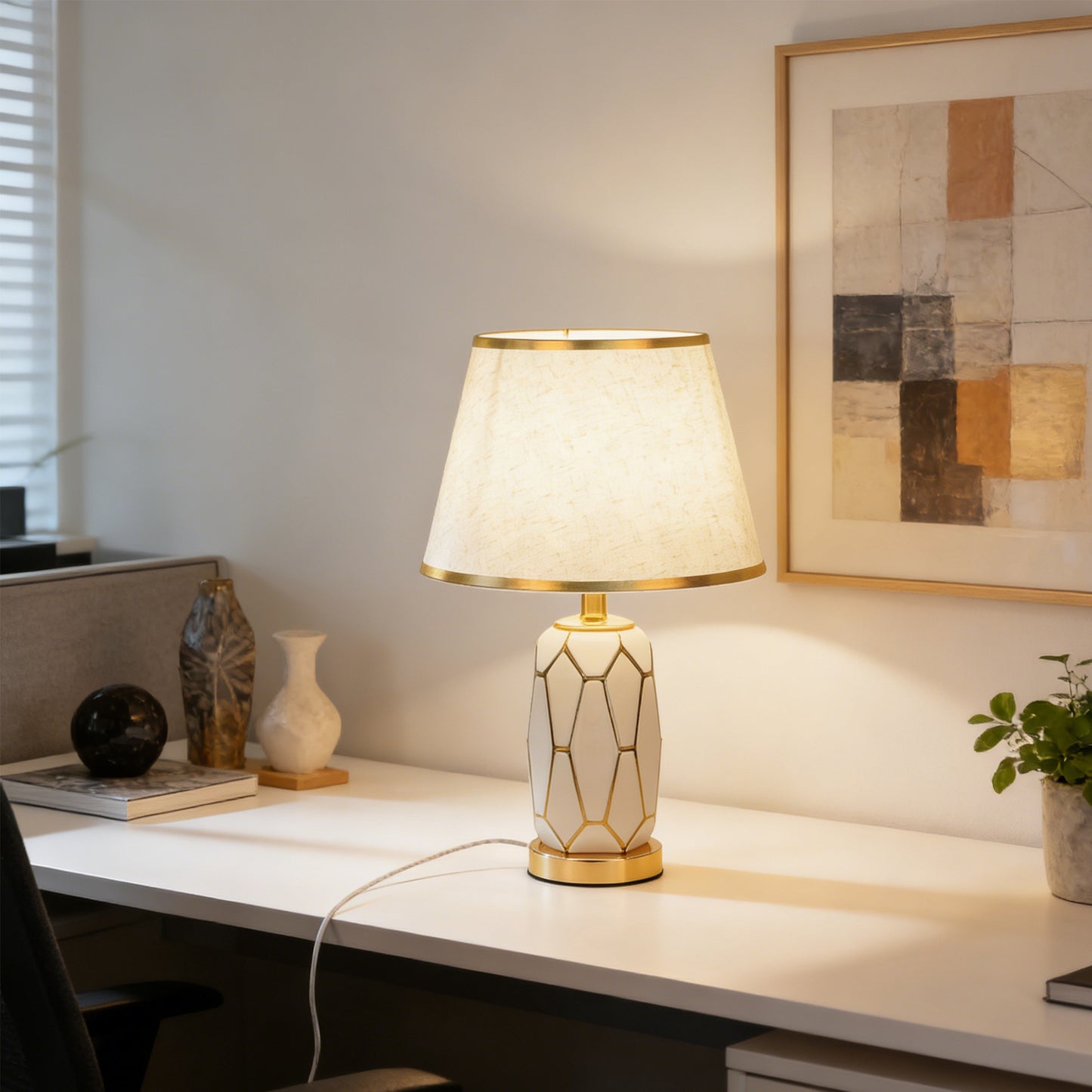 Modern White Ceramic Table Lamp - 3-Color Dimmable LED Accent Lamp with Gold Geometric Pattern, Linen Shade with Gold Trim
