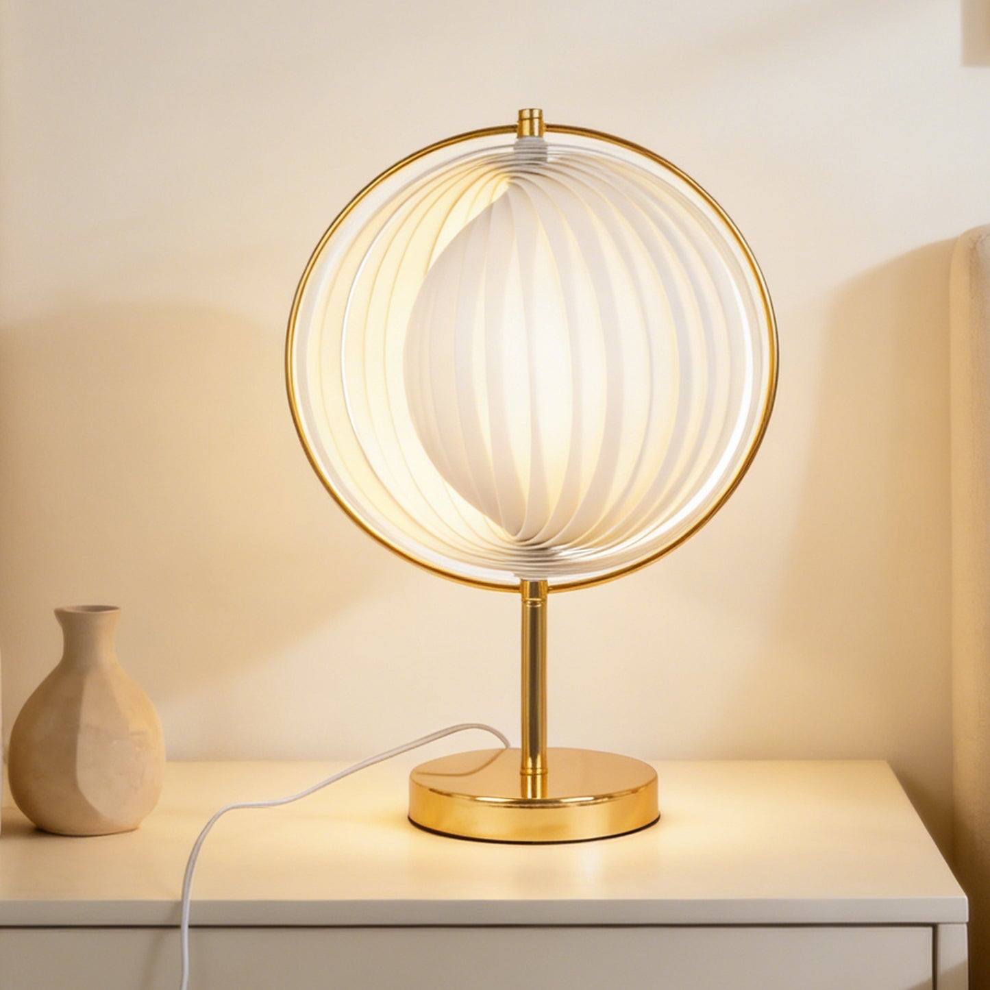 Modern White Pleated Globe Table Lamp - 3-Color Dimmable LED Accent Lamp with Gold Frame