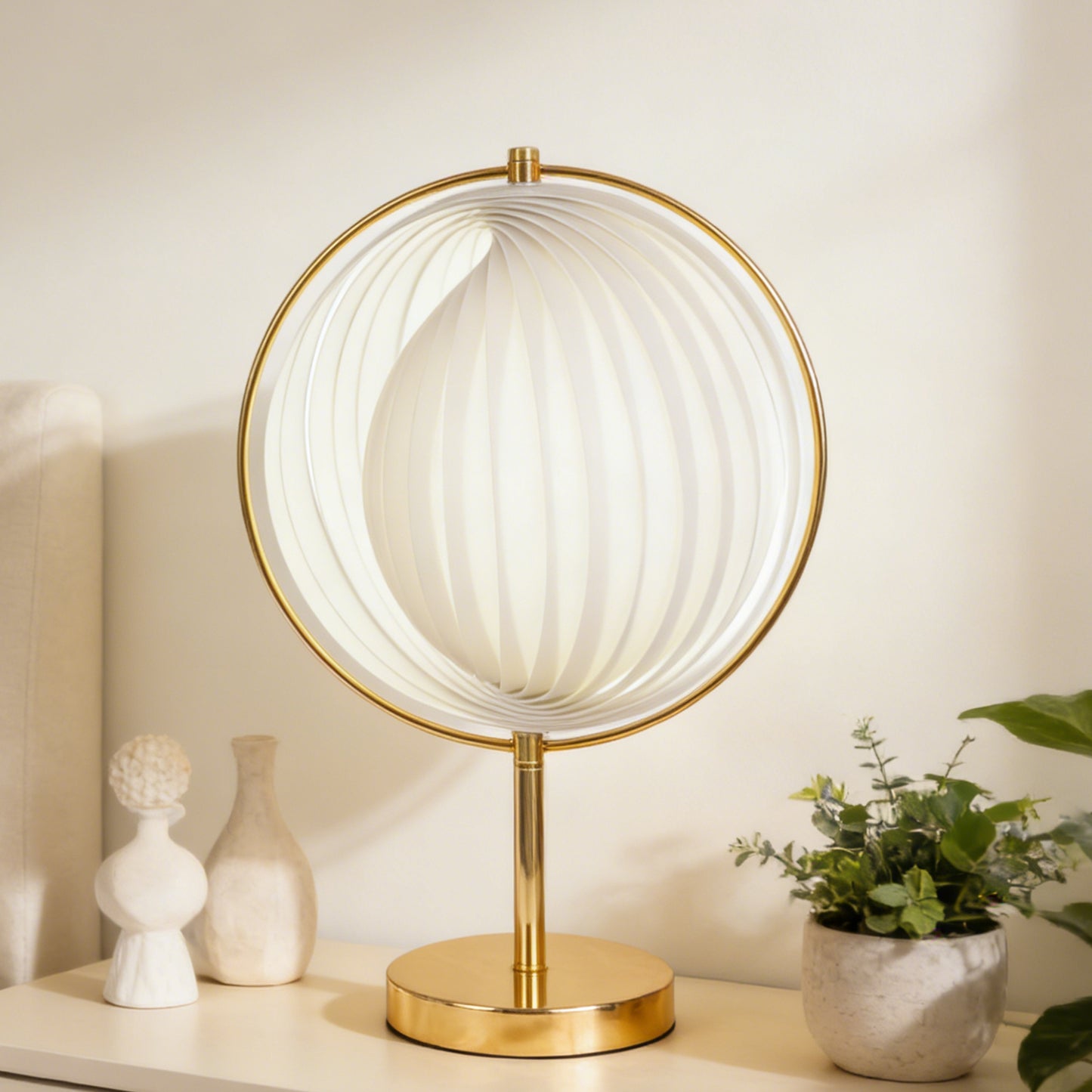 Modern White Pleated Globe Table Lamp - 3-Color Dimmable LED Accent Lamp with Gold Frame