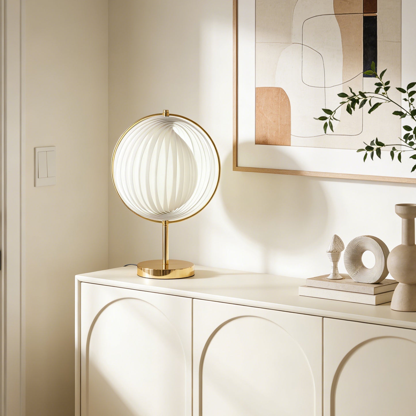Modern White Pleated Globe Table Lamp - 3-Color Dimmable LED Accent Lamp with Gold Frame