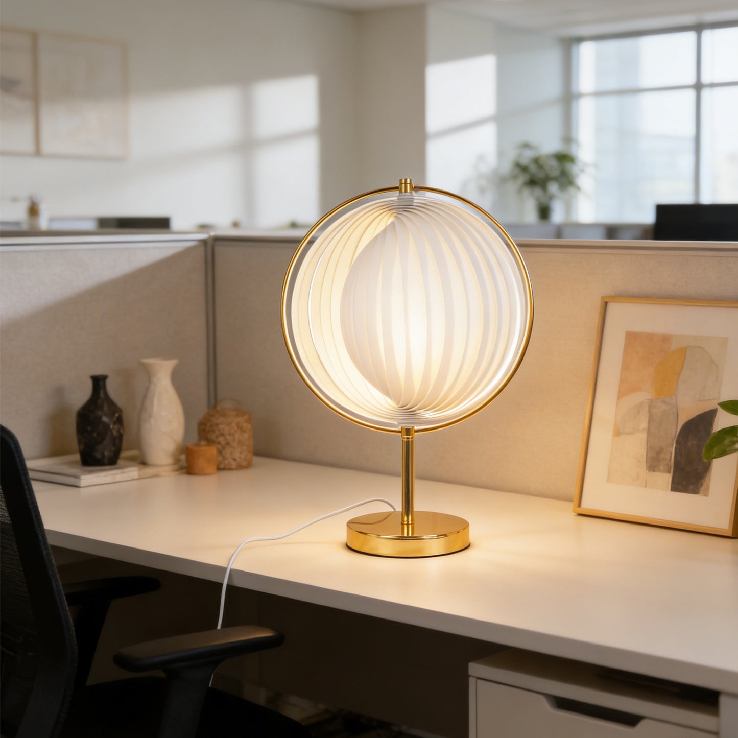 Modern White Pleated Globe Table Lamp - 3-Color Dimmable LED Accent Lamp with Gold Frame