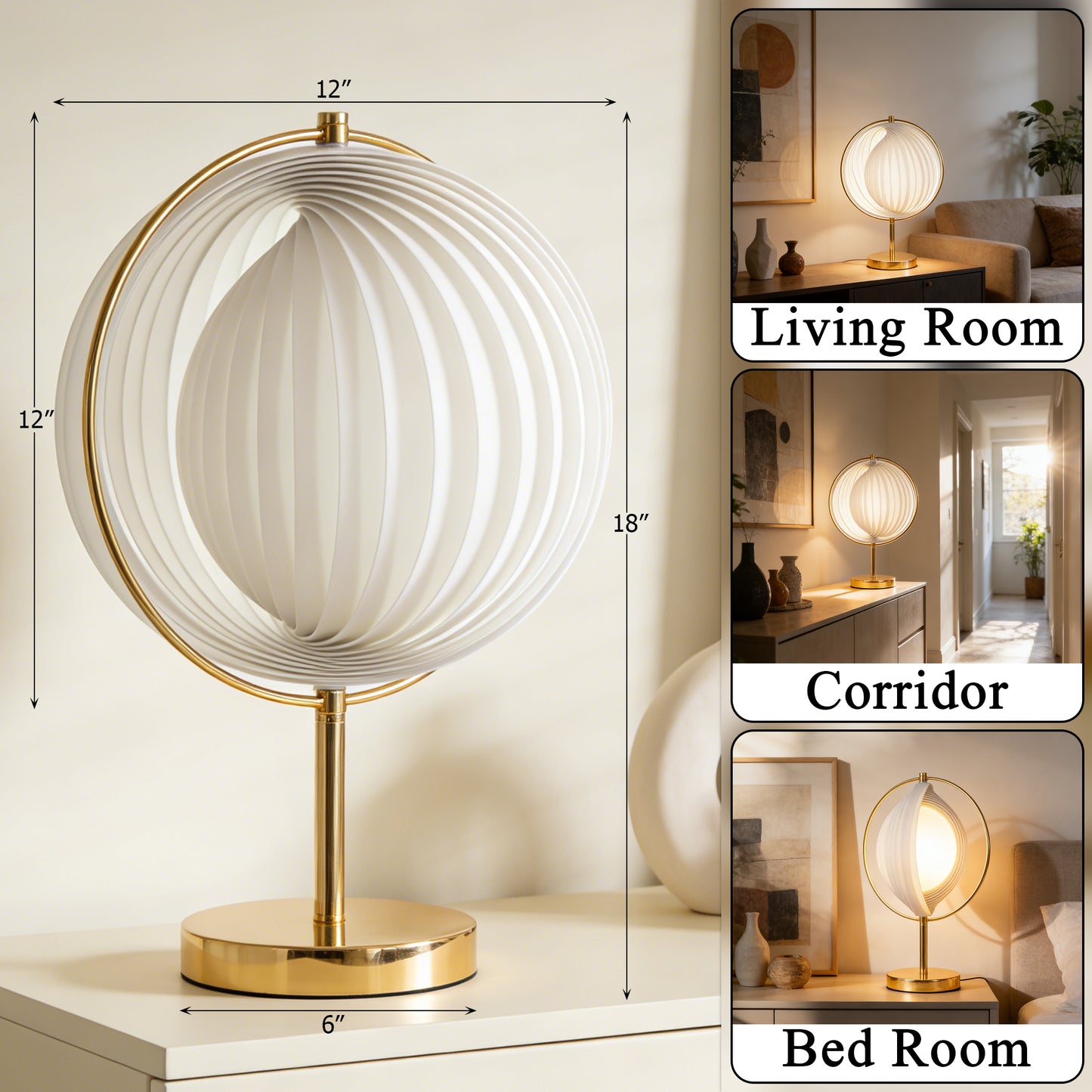 Modern White Pleated Globe Table Lamp - 3-Color Dimmable LED Accent Lamp with Gold Frame