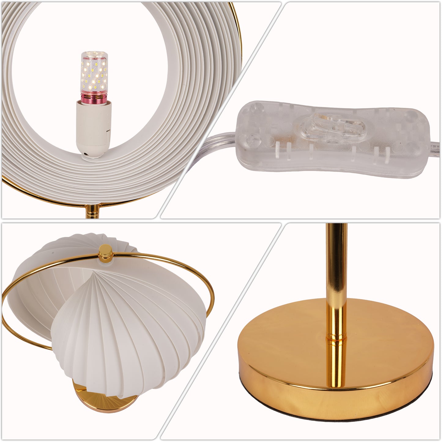 Modern White Pleated Globe Table Lamp - 3-Color Dimmable LED Accent Lamp with Gold Frame
