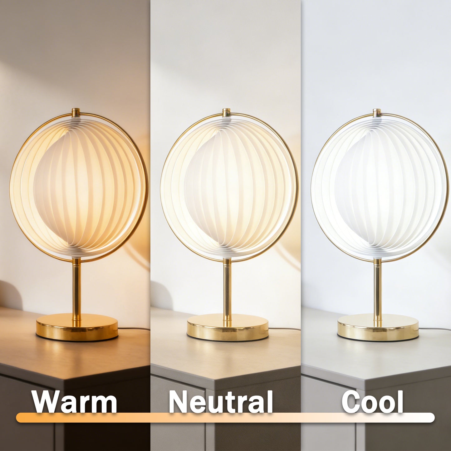 Modern White Pleated Globe Table Lamp - 3-Color Dimmable LED Accent Lamp with Gold Frame