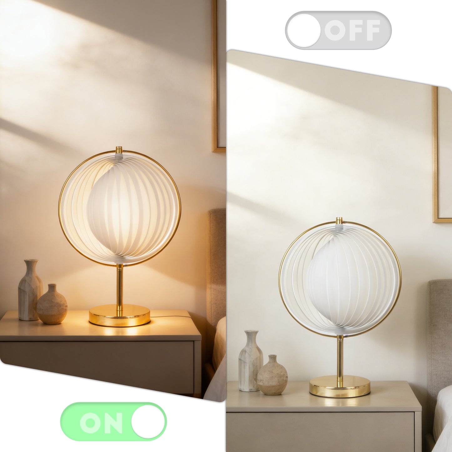 Modern White Pleated Globe Table Lamp - 3-Color Dimmable LED Accent Lamp with Gold Frame