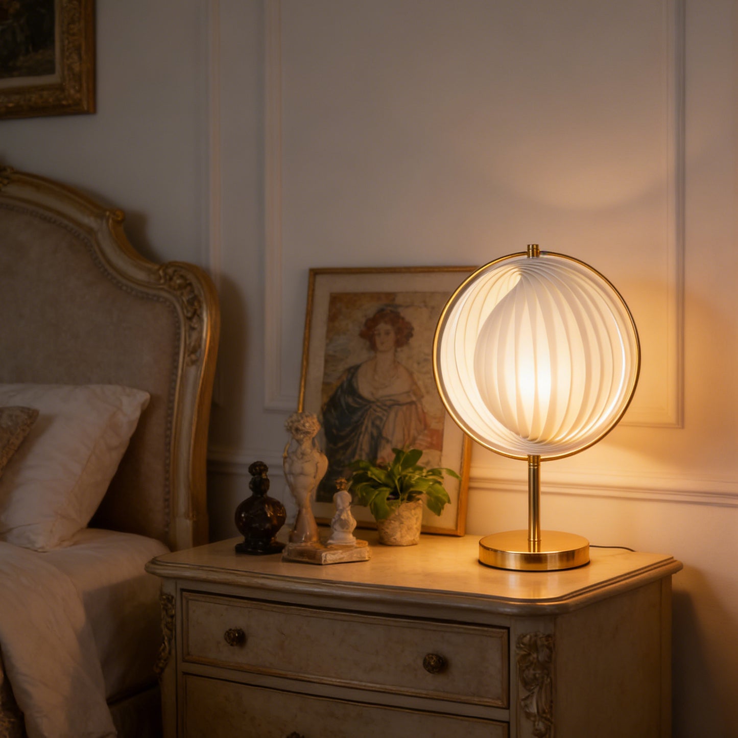 Modern White Pleated Globe Table Lamp - 3-Color Dimmable LED Accent Lamp with Gold Frame