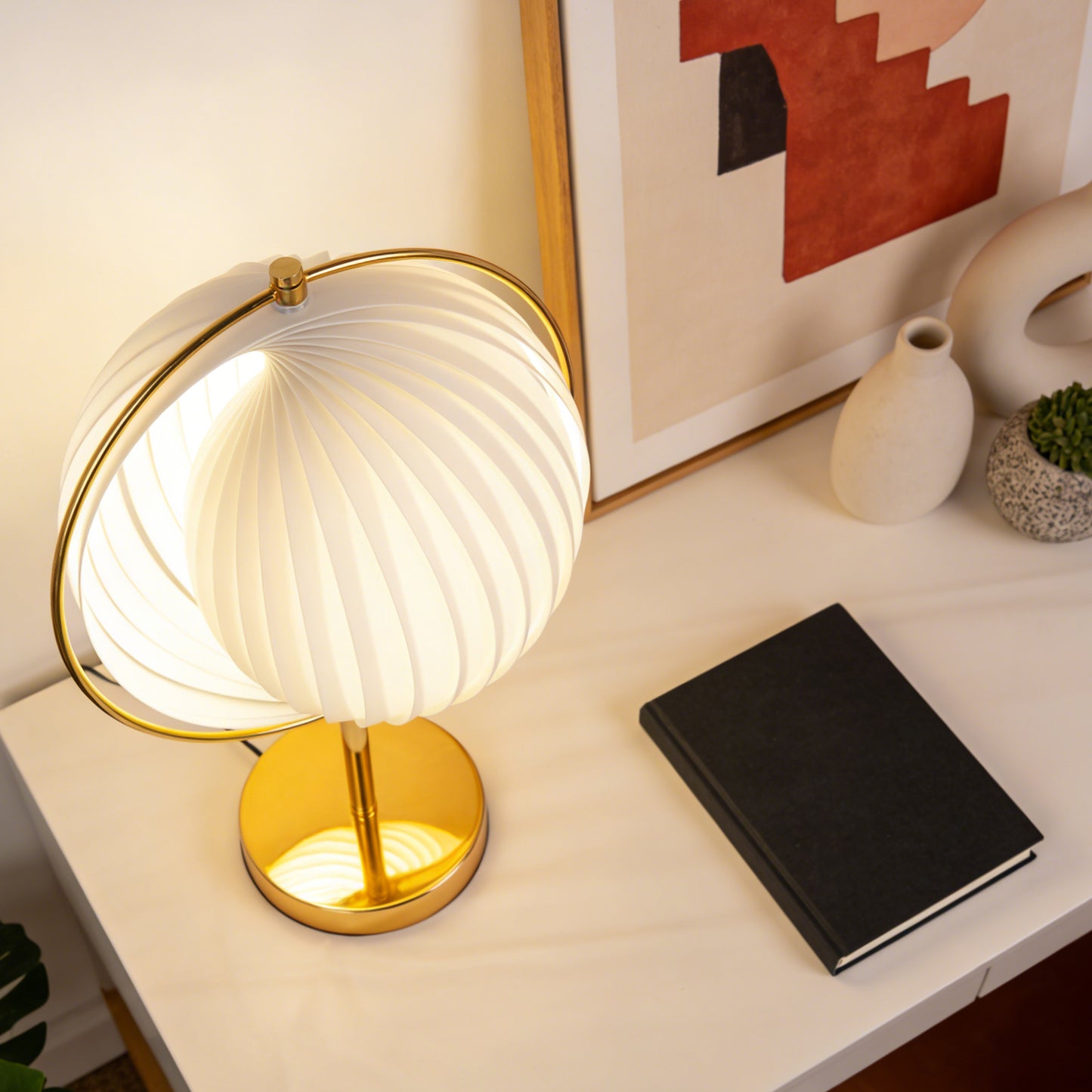 Modern White Pleated Globe Table Lamp - 3-Color Dimmable LED Accent Lamp with Gold Frame