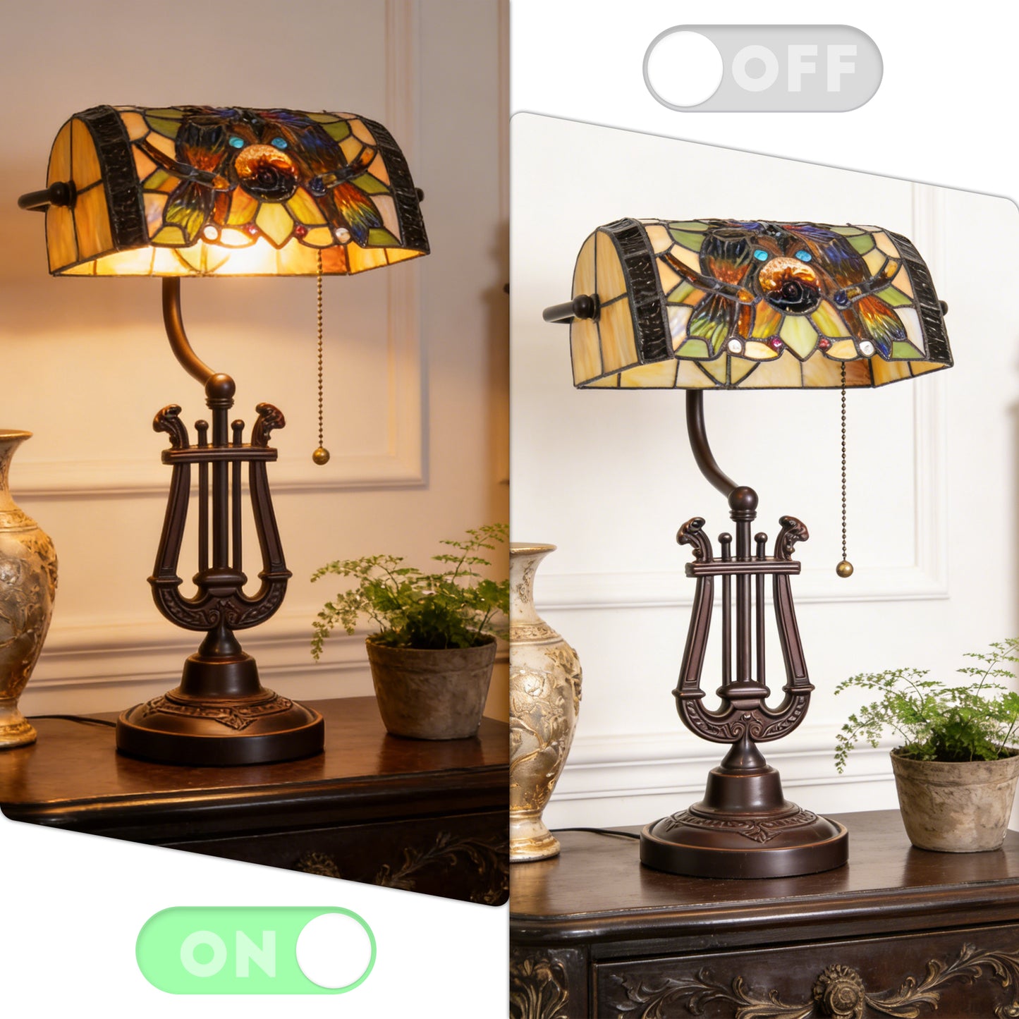 Vintage Stained Glass Table Lamp - Dragonfly Pattern Bedside Lamp