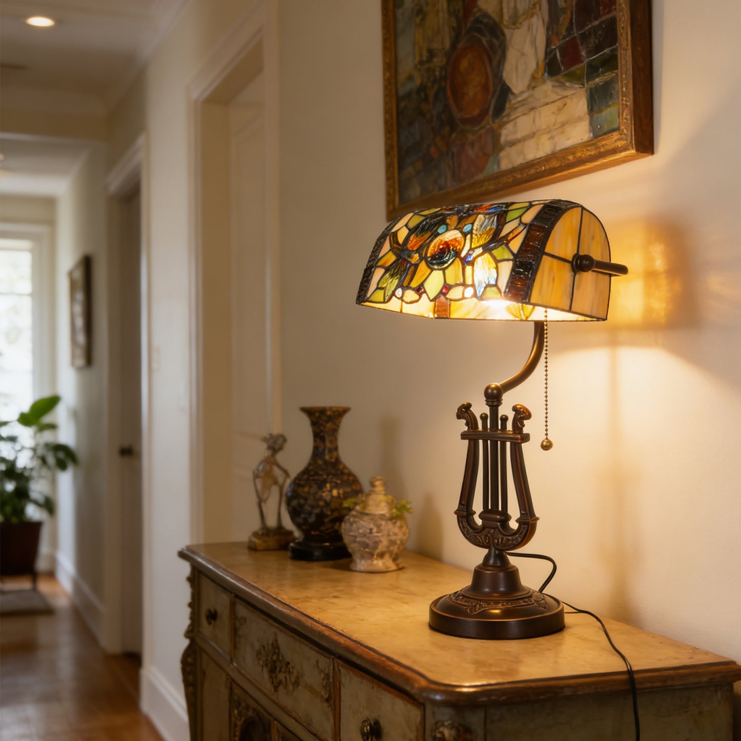 Vintage Stained Glass Table Lamp - Dragonfly Pattern Bedside Lamp