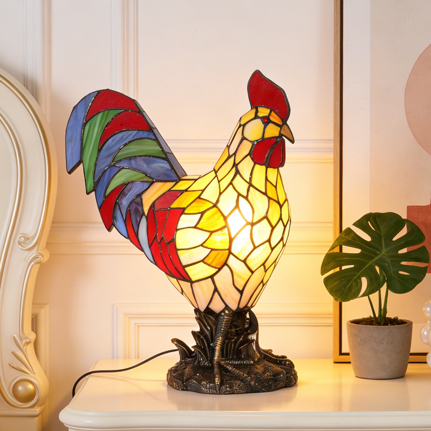 Stained Glass Rooster Table Lamp - Vintage Animal Shape Accent Lamp