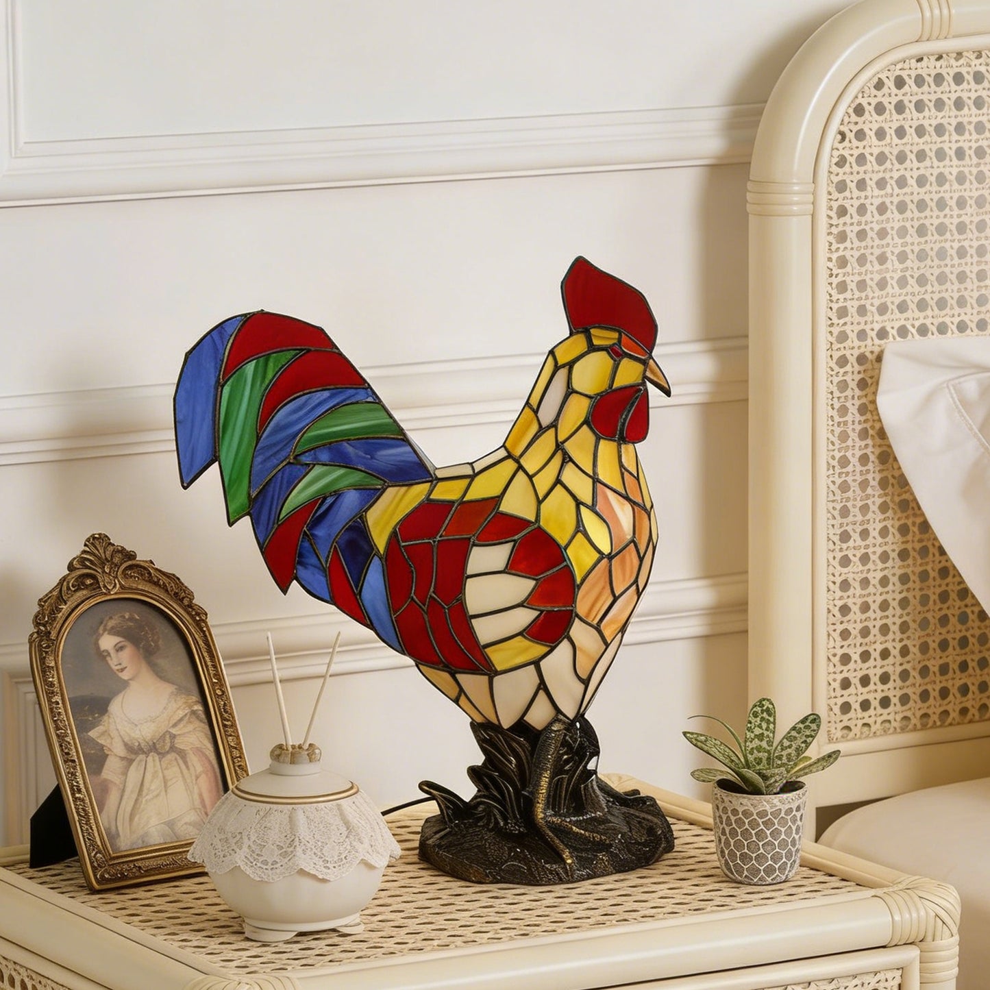 Stained Glass Rooster Table Lamp - Vintage Animal Shape Accent Lamp