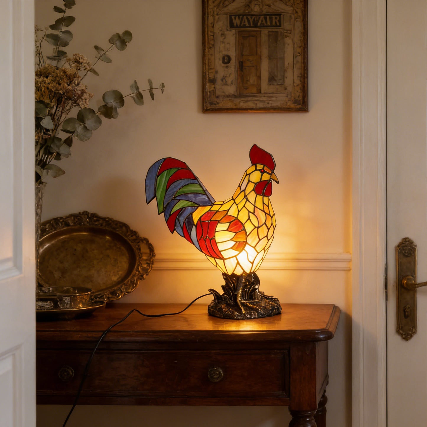Stained Glass Rooster Table Lamp - Vintage Animal Shape Accent Lamp