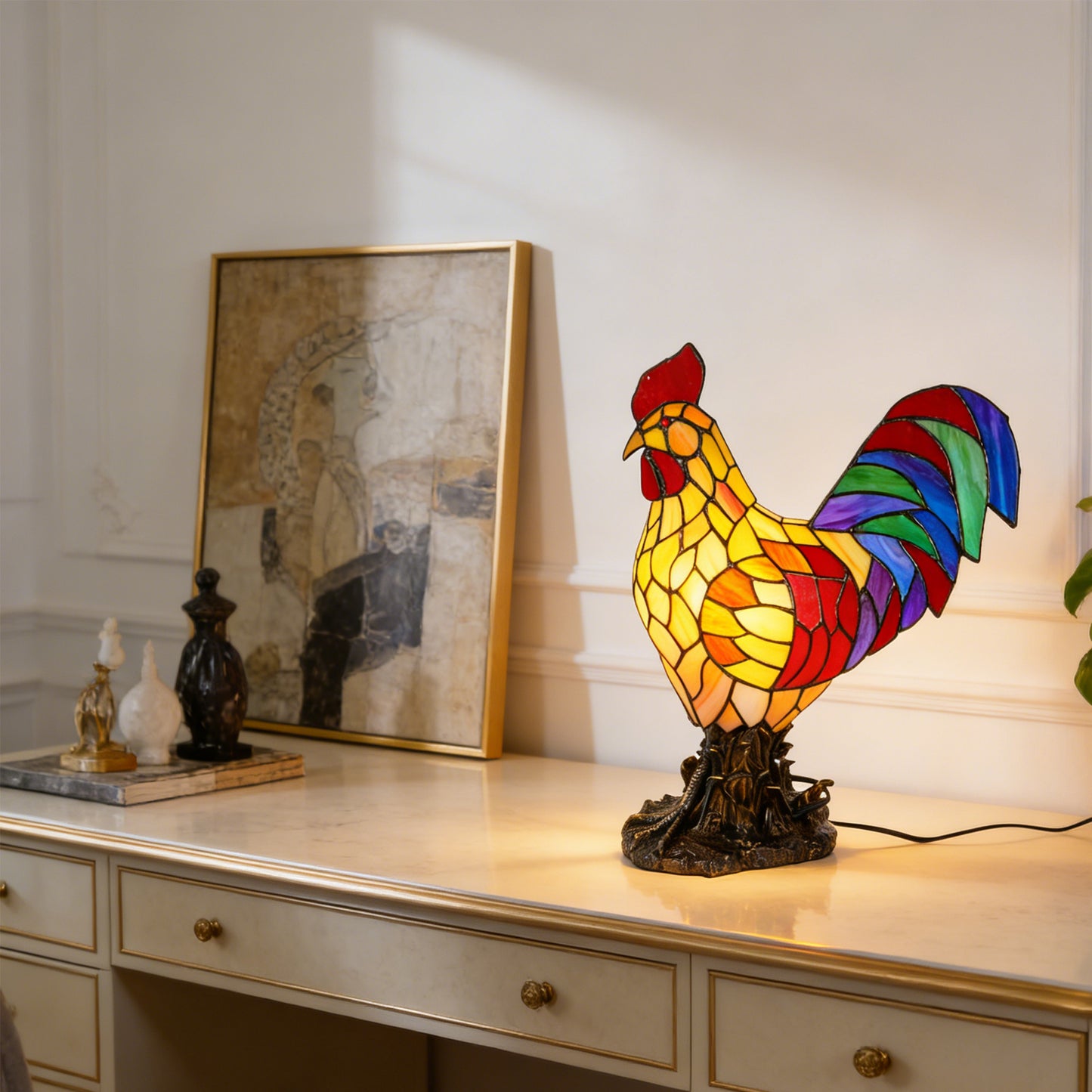 Stained Glass Rooster Table Lamp - Vintage Animal Shape Accent Lamp