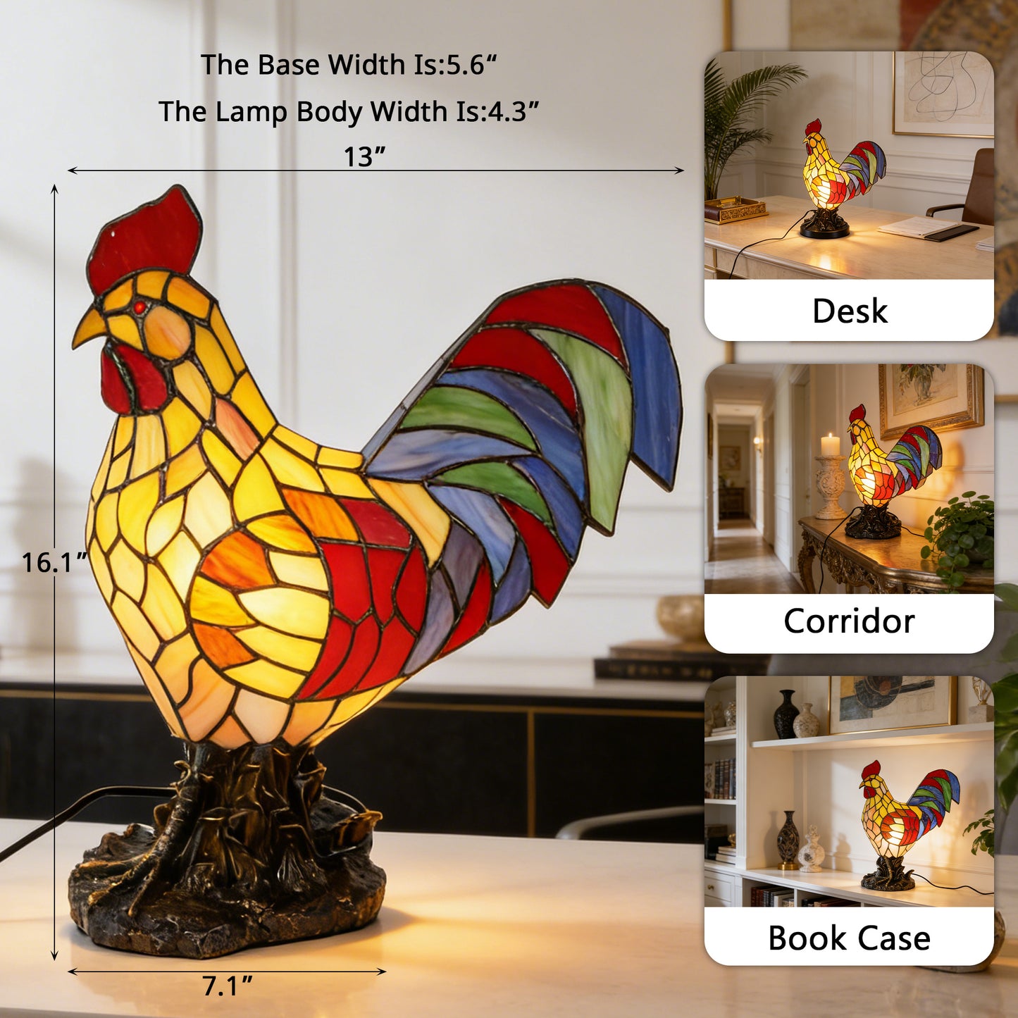 Stained Glass Rooster Table Lamp - Vintage Animal Shape Accent Lamp