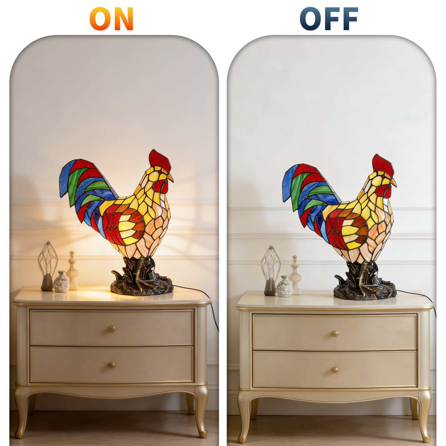 Stained Glass Rooster Table Lamp - Vintage Animal Shape Accent Lamp