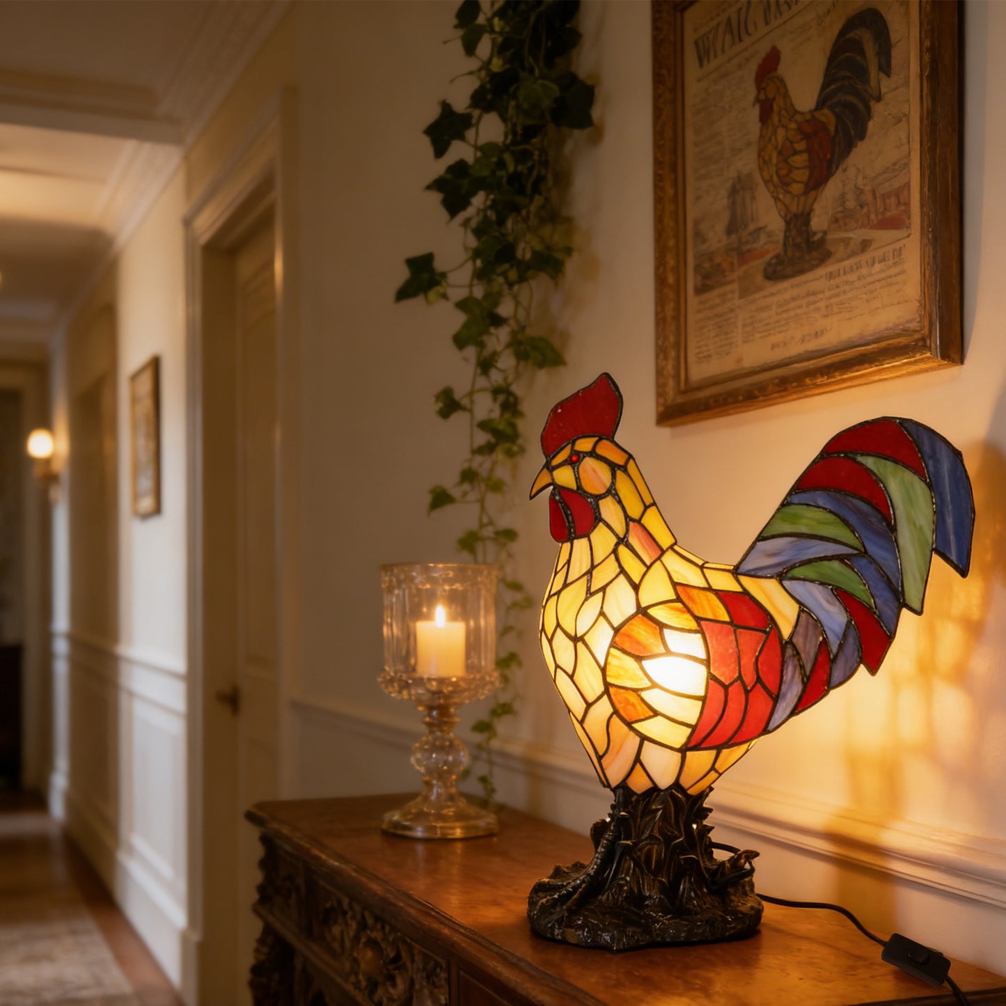 Stained Glass Rooster Table Lamp - Vintage Animal Shape Accent Lamp