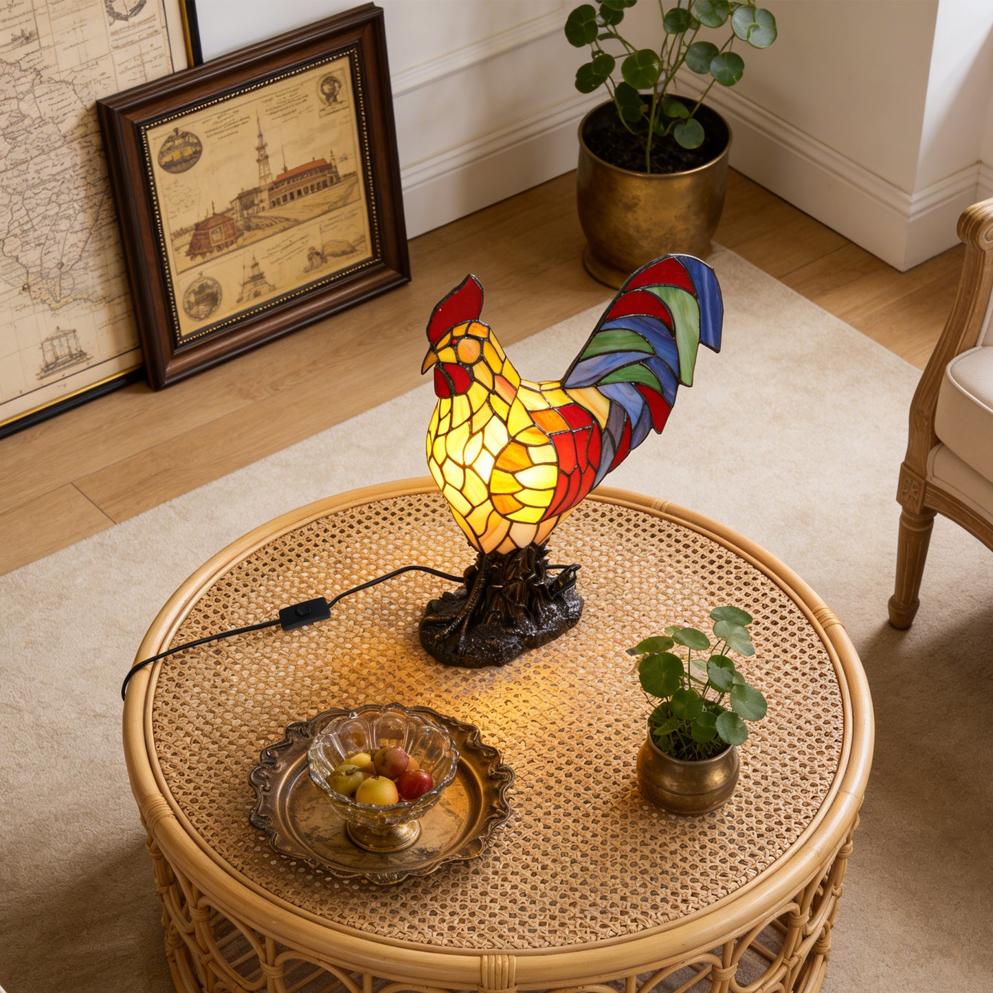 Stained Glass Rooster Table Lamp - Vintage Animal Shape Accent Lamp