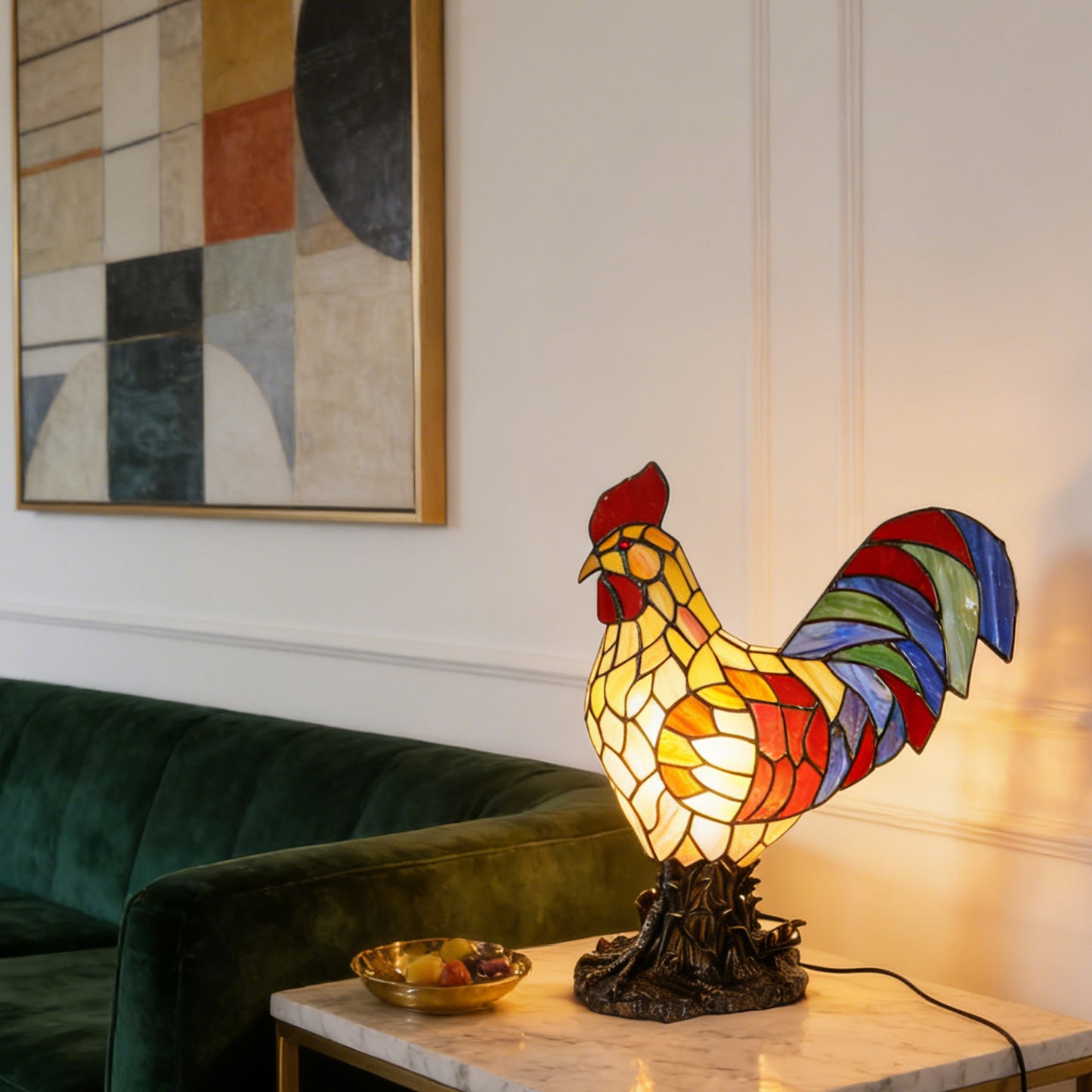 Stained Glass Rooster Table Lamp - Vintage Animal Shape Accent Lamp