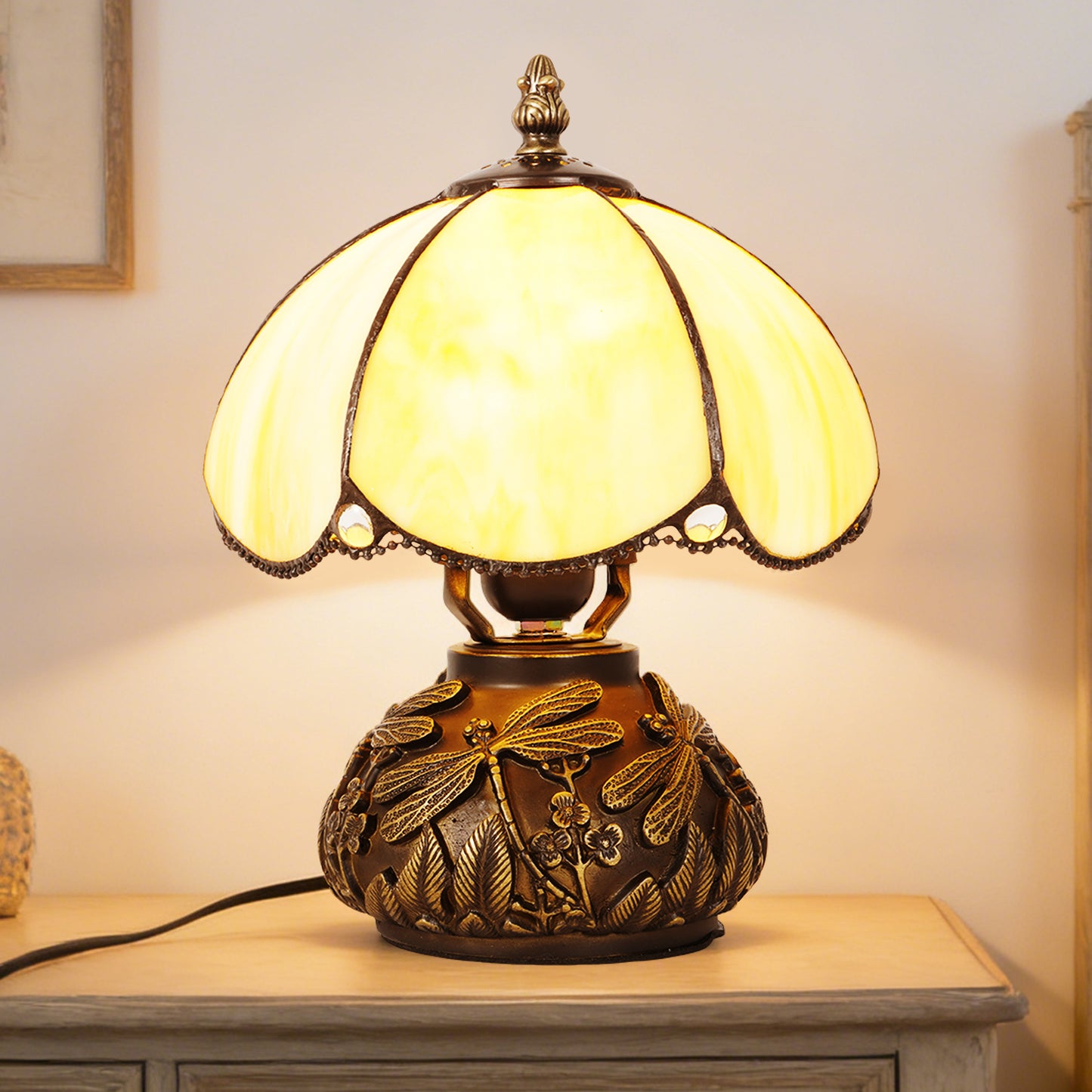 Vintage Stained Glass Table Lamp - Dragonfly Pattern Bedside Lamp with Antique Metal Base