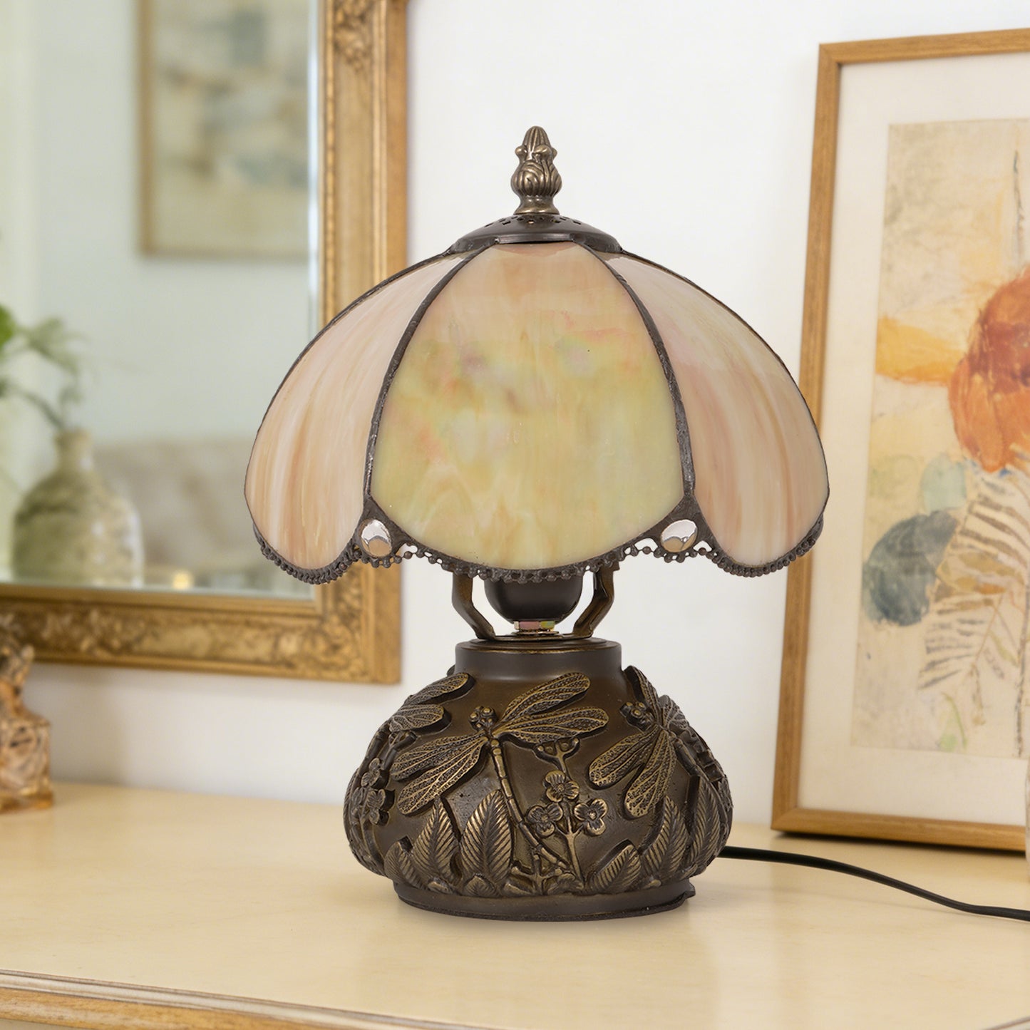 Vintage Stained Glass Table Lamp - Dragonfly Pattern Bedside Lamp with Antique Metal Base