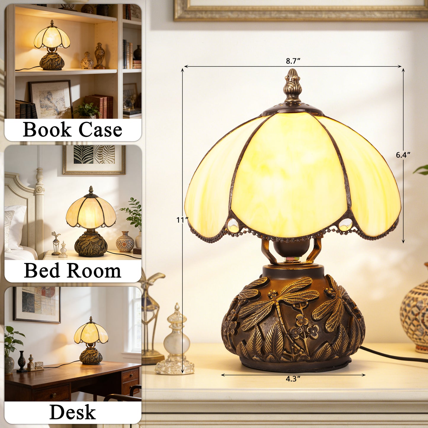 Vintage Stained Glass Table Lamp - Dragonfly Pattern Bedside Lamp with Antique Metal Base