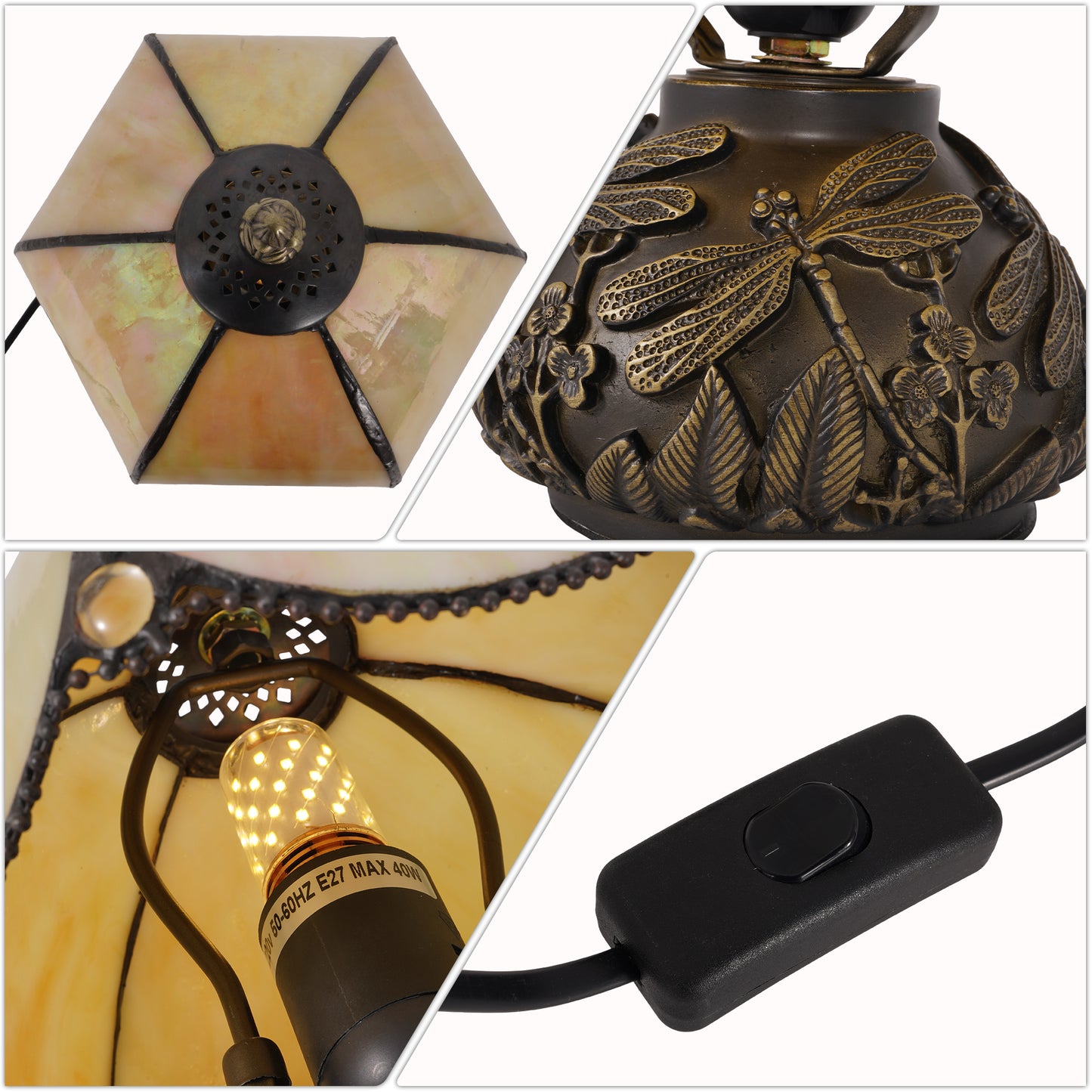 Vintage Stained Glass Table Lamp - Dragonfly Pattern Bedside Lamp with Antique Metal Base