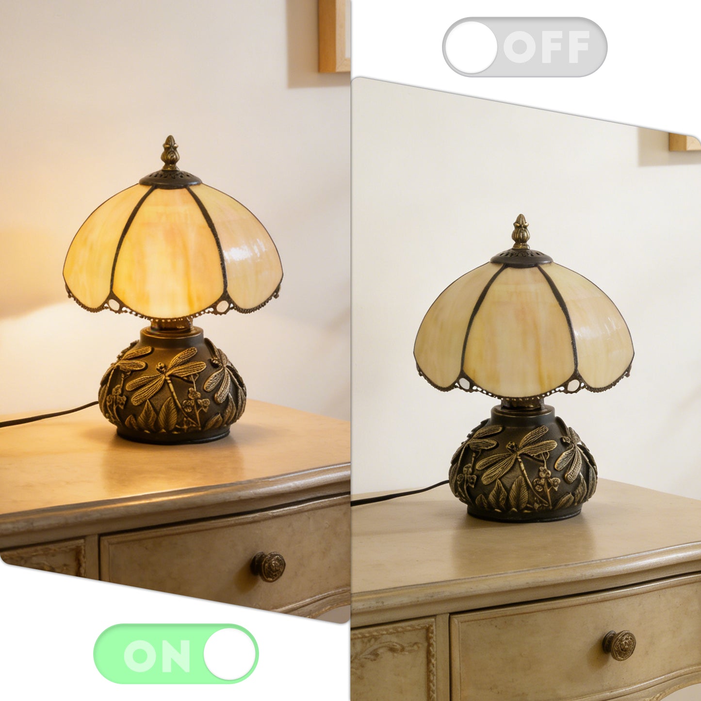 Vintage Stained Glass Table Lamp - Dragonfly Pattern Bedside Lamp with Antique Metal Base