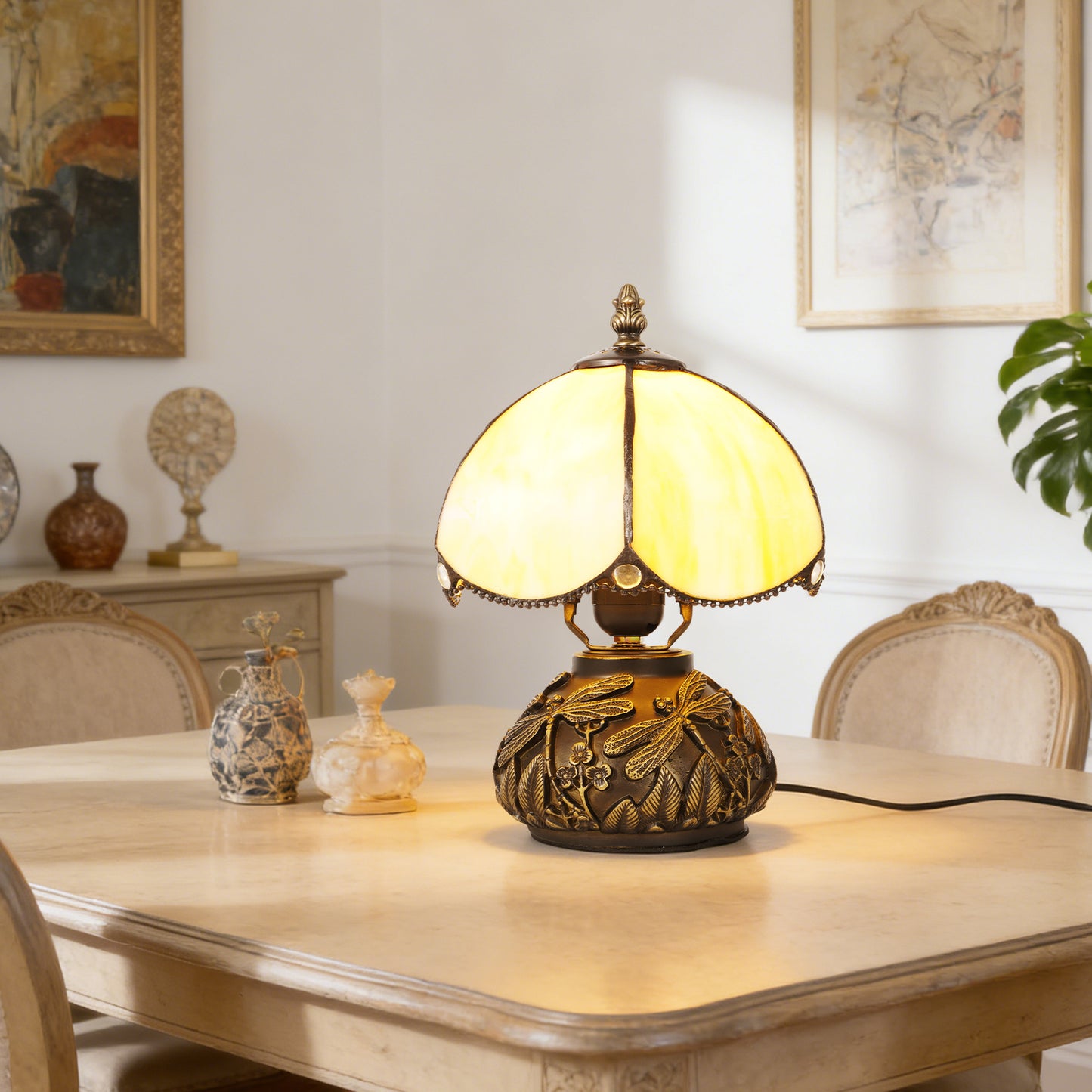 Vintage Stained Glass Table Lamp - Dragonfly Pattern Bedside Lamp with Antique Metal Base